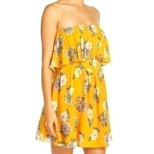 MinkPink Size M Yellow Floral Strapless Smocked Top Mini Dress Cover Up